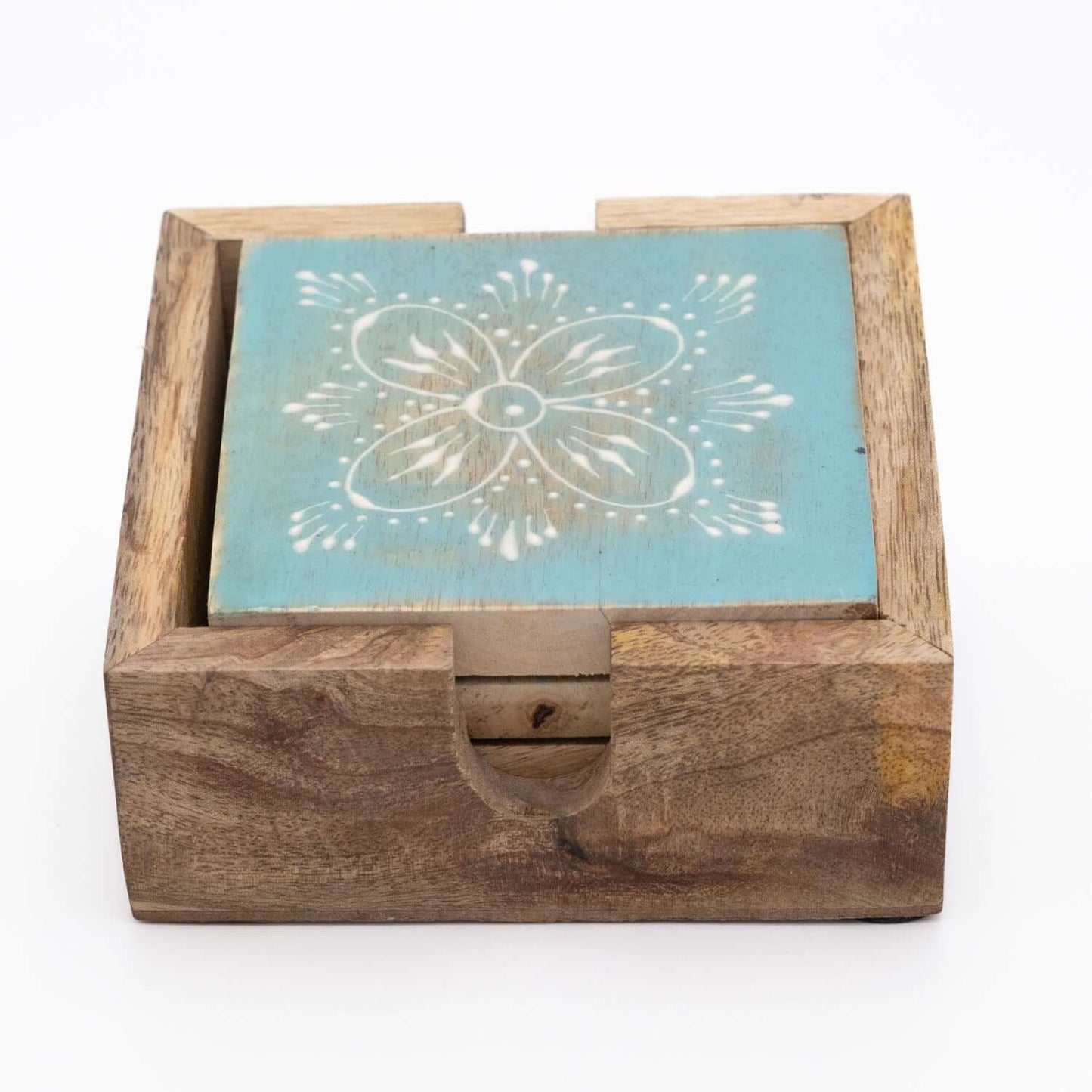 Untersetzer Set für 4 Gläser aus Mangoholz mit Motiv viereckig türkis