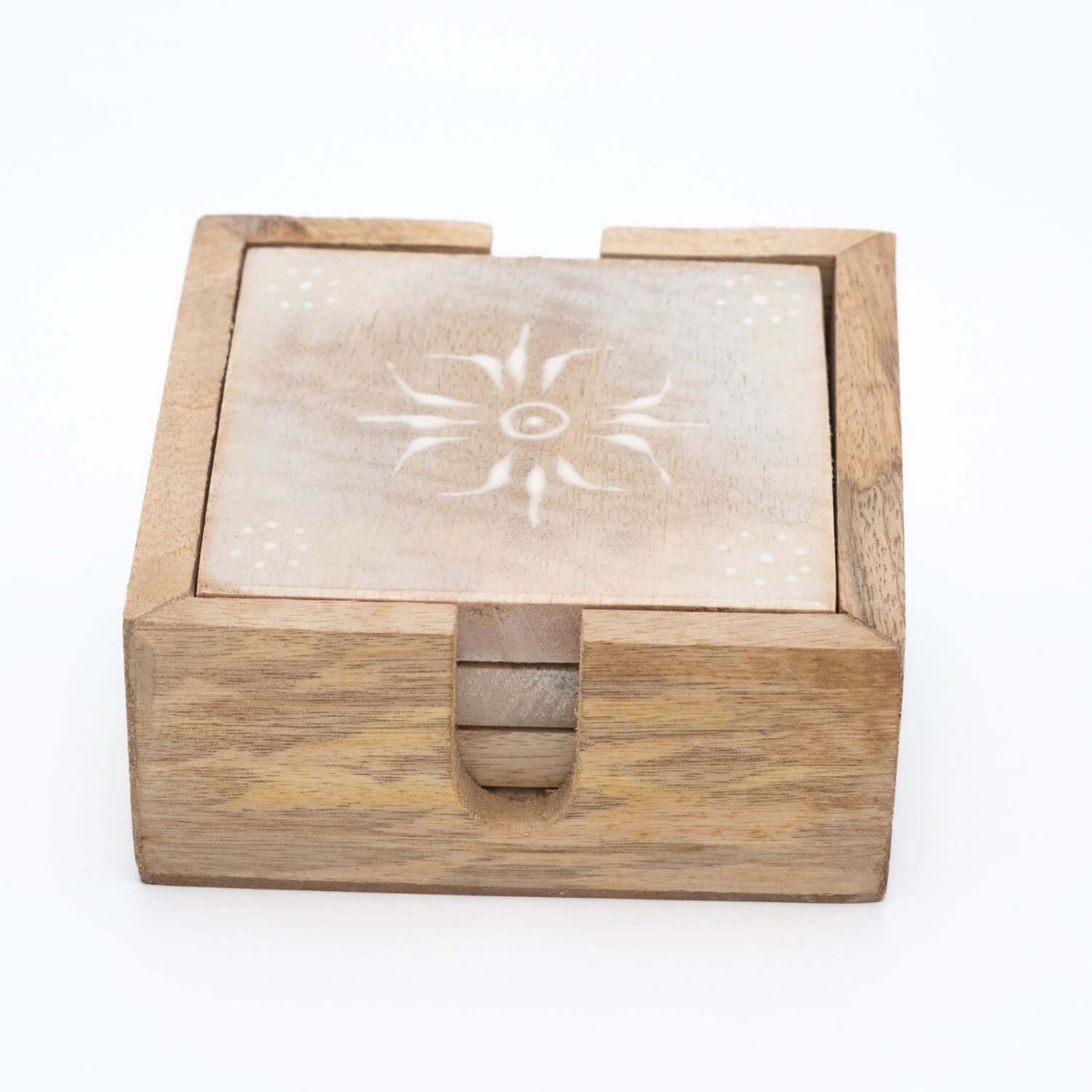 Untersetzer Set für 4 Gläser aus Mangoholz mit Motiv viereckig weiß
