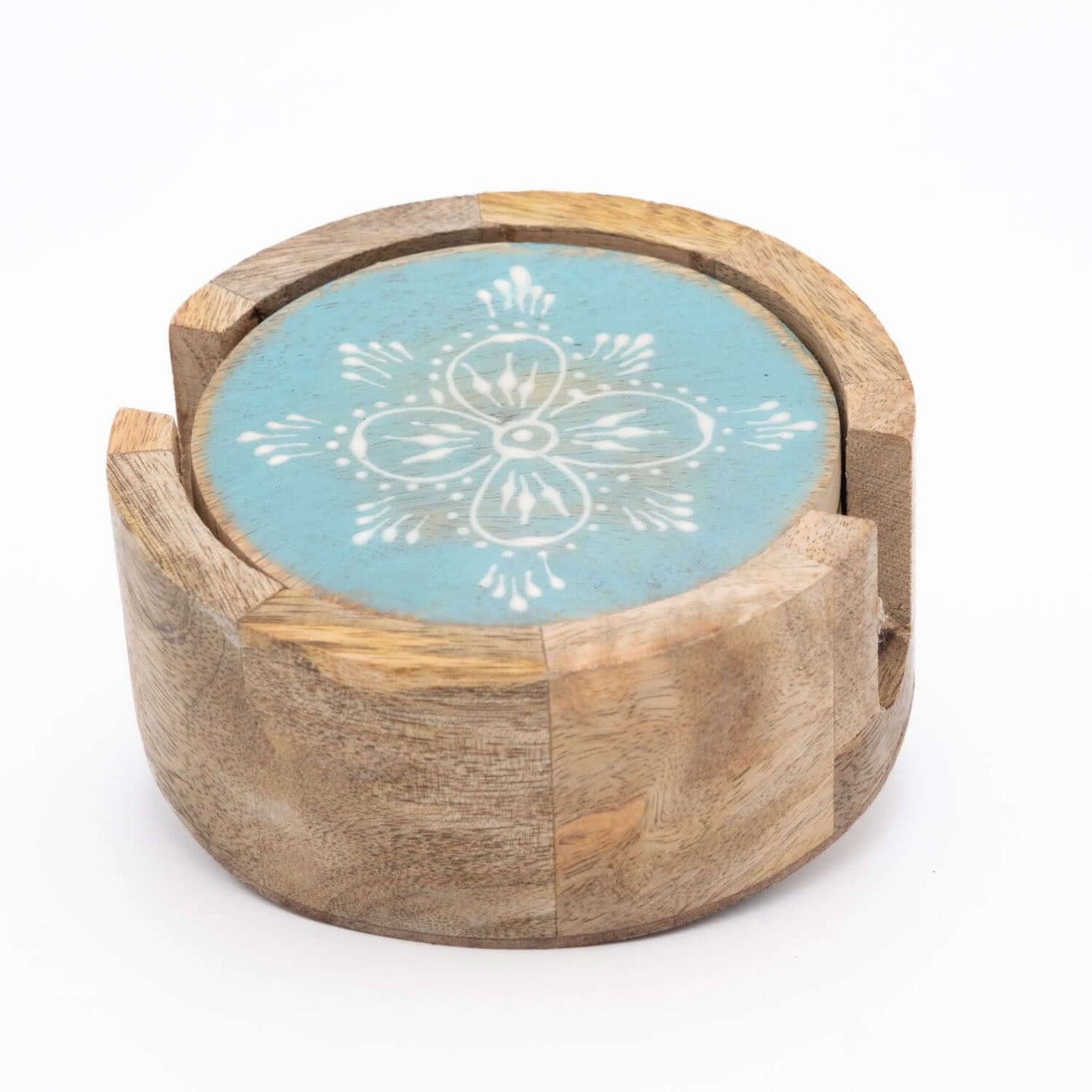 Untersetzer Set für 4 Gläser aus Mangoholz mit Motiv rund türkis