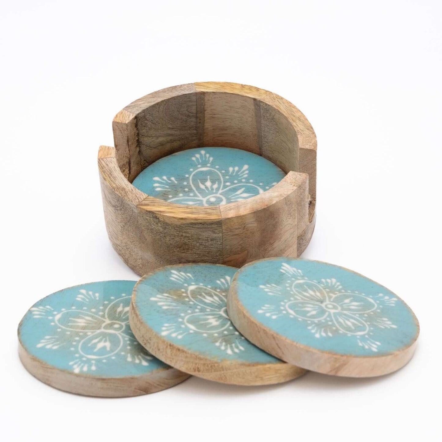 Untersetzer Set für 4 Gläser aus Mangoholz mit Motiv rund türkis