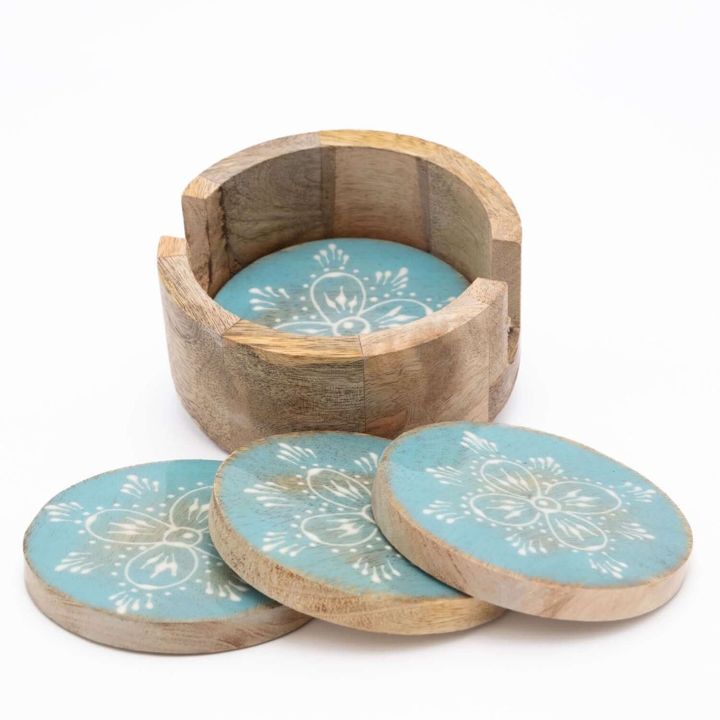 Untersetzer Set für 4 Gläser aus Mangoholz mit Motiv rund türkis