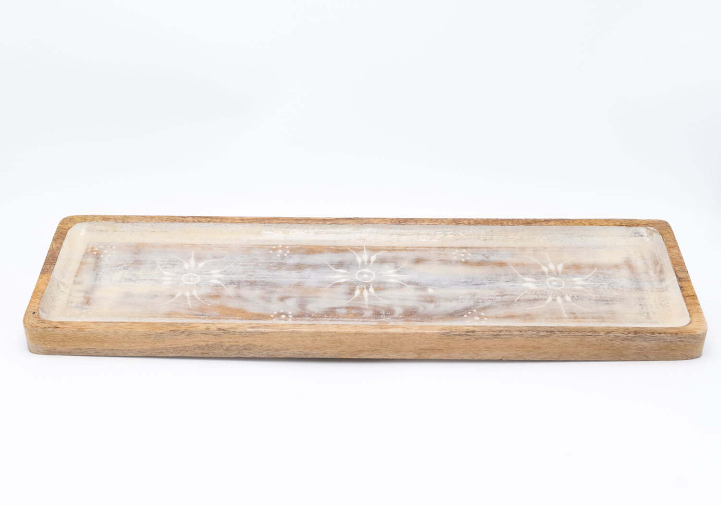 Tablett rechteckig aus Mangoholz mit Motiv, weiß
