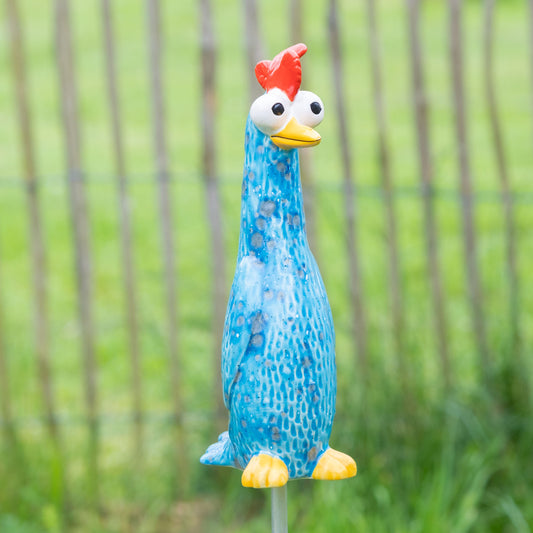 Tangoo Keramik Huhn blau für den Garten, Gartenstecker