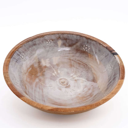 Holzschale rund aus Mangoholz mit Motiv, weiß klein