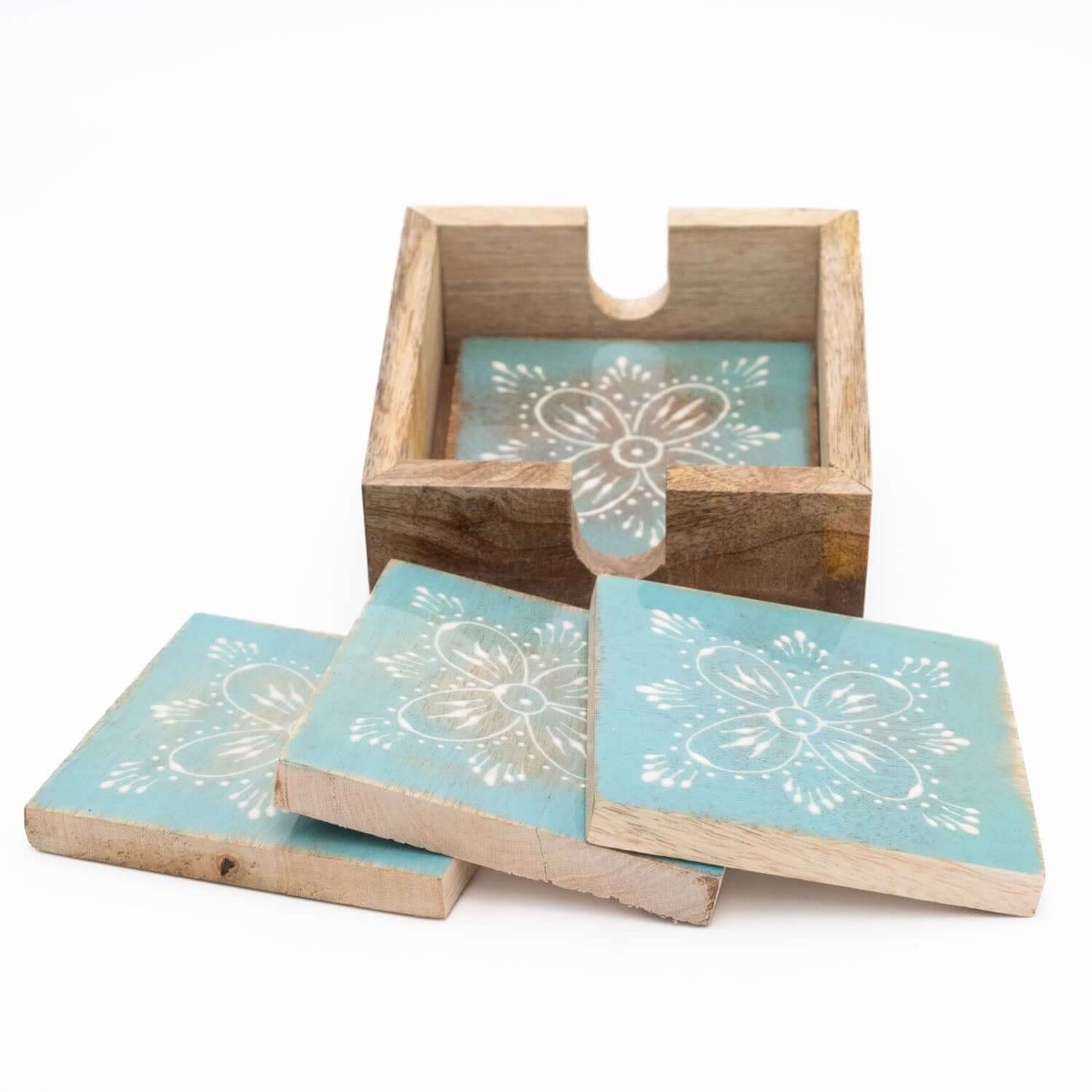 Untersetzer Set für 4 Gläser aus Mangoholz mit Motiv viereckig türkis