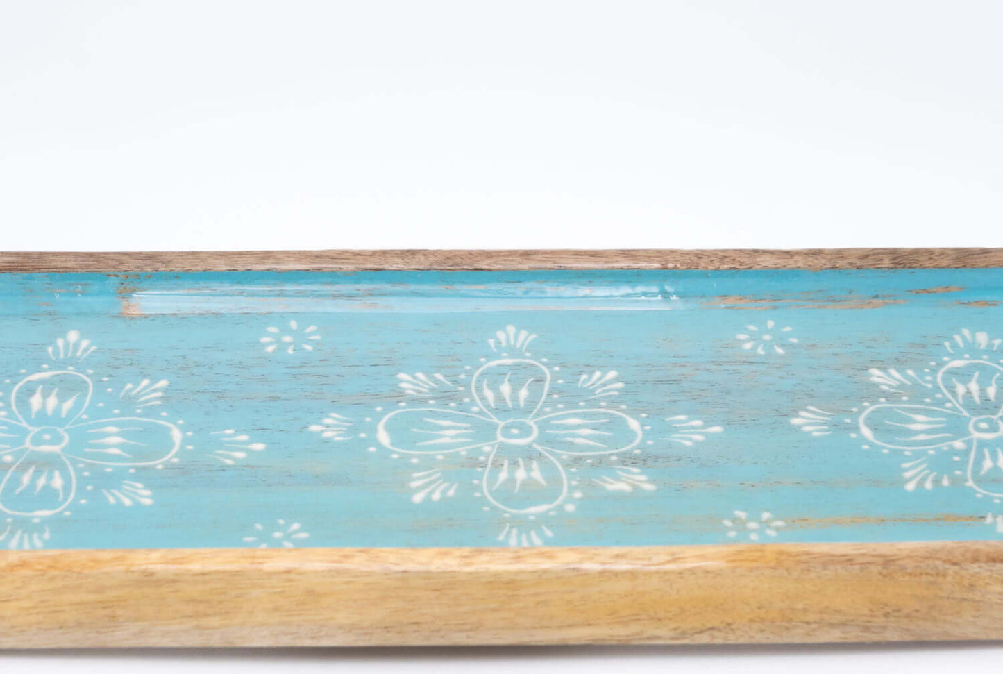 Tablett rechteckig aus Mangoholz mit Motiv, türkis