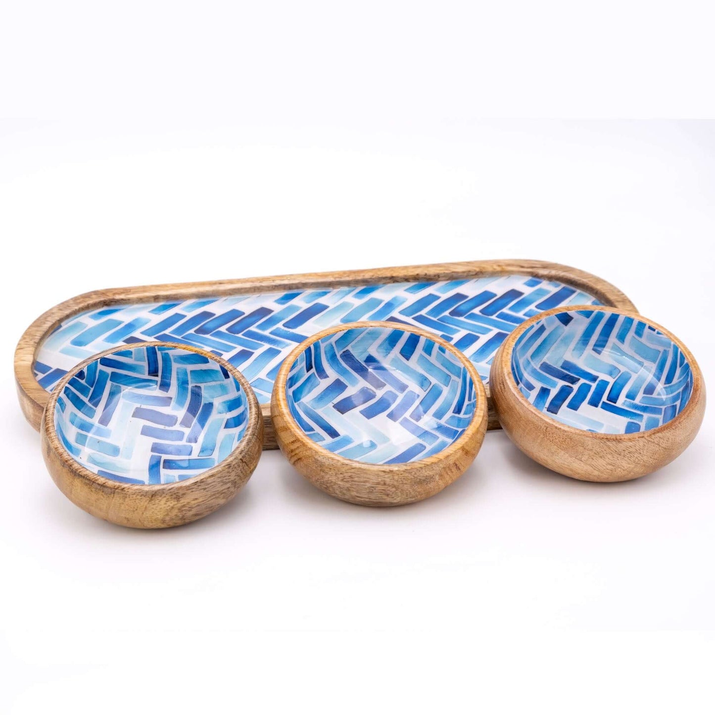 Tablett aus Mangoholz mit drei Schalen, blaue Streifen
