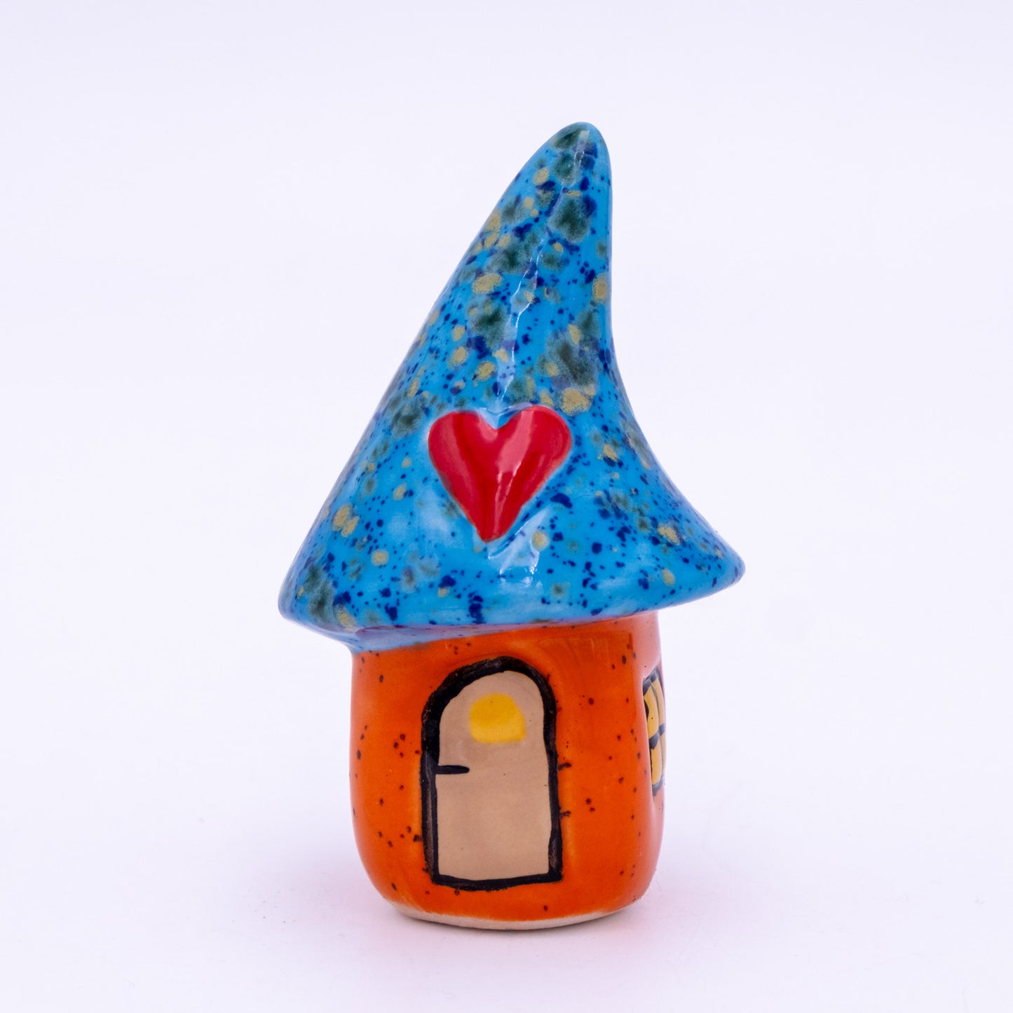 Wichtel Haus Keramik mit Herz Orange-Blau – 10 cm