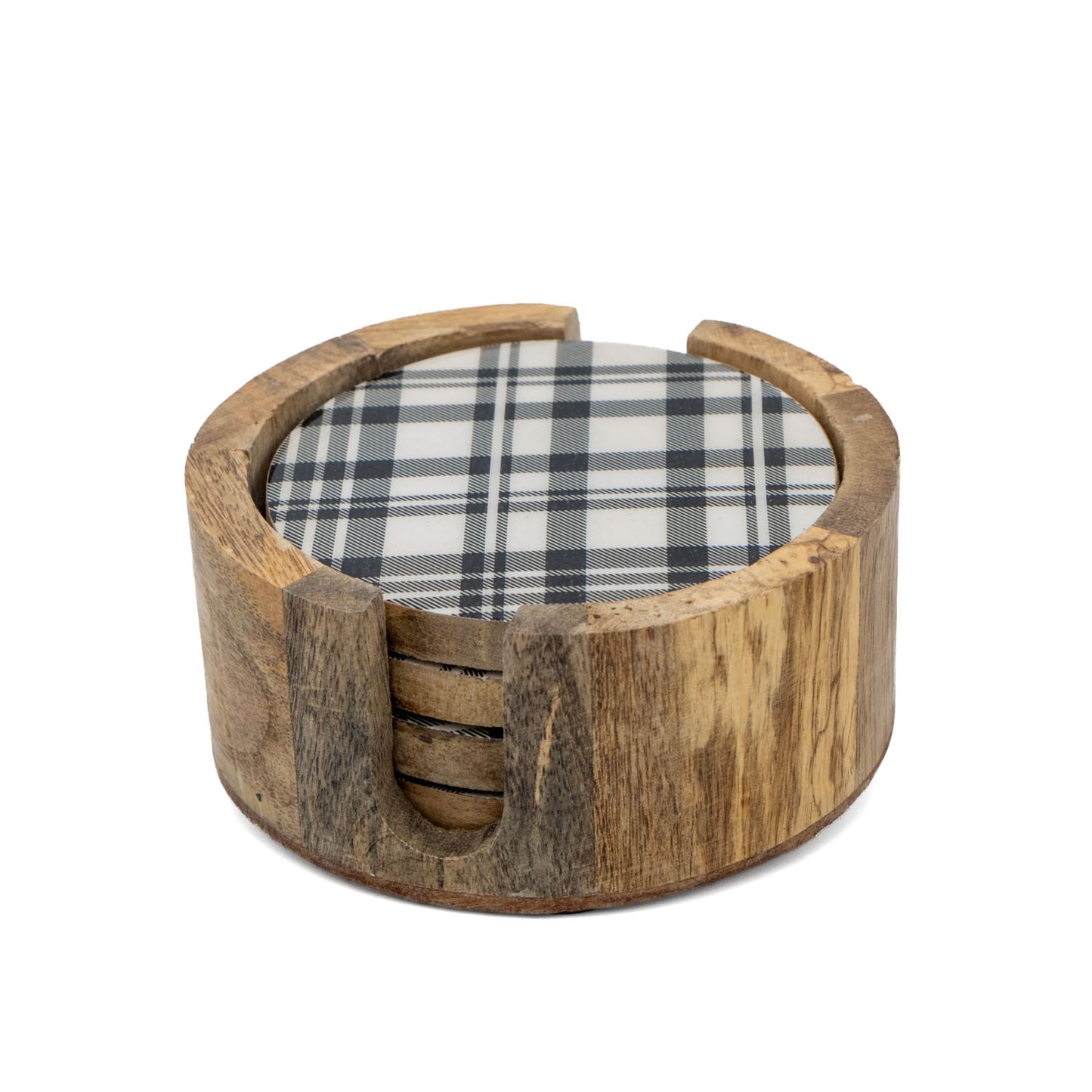 Untersetzer Set für 4 Gläser aus Mangoholz rund schwarz-weiß