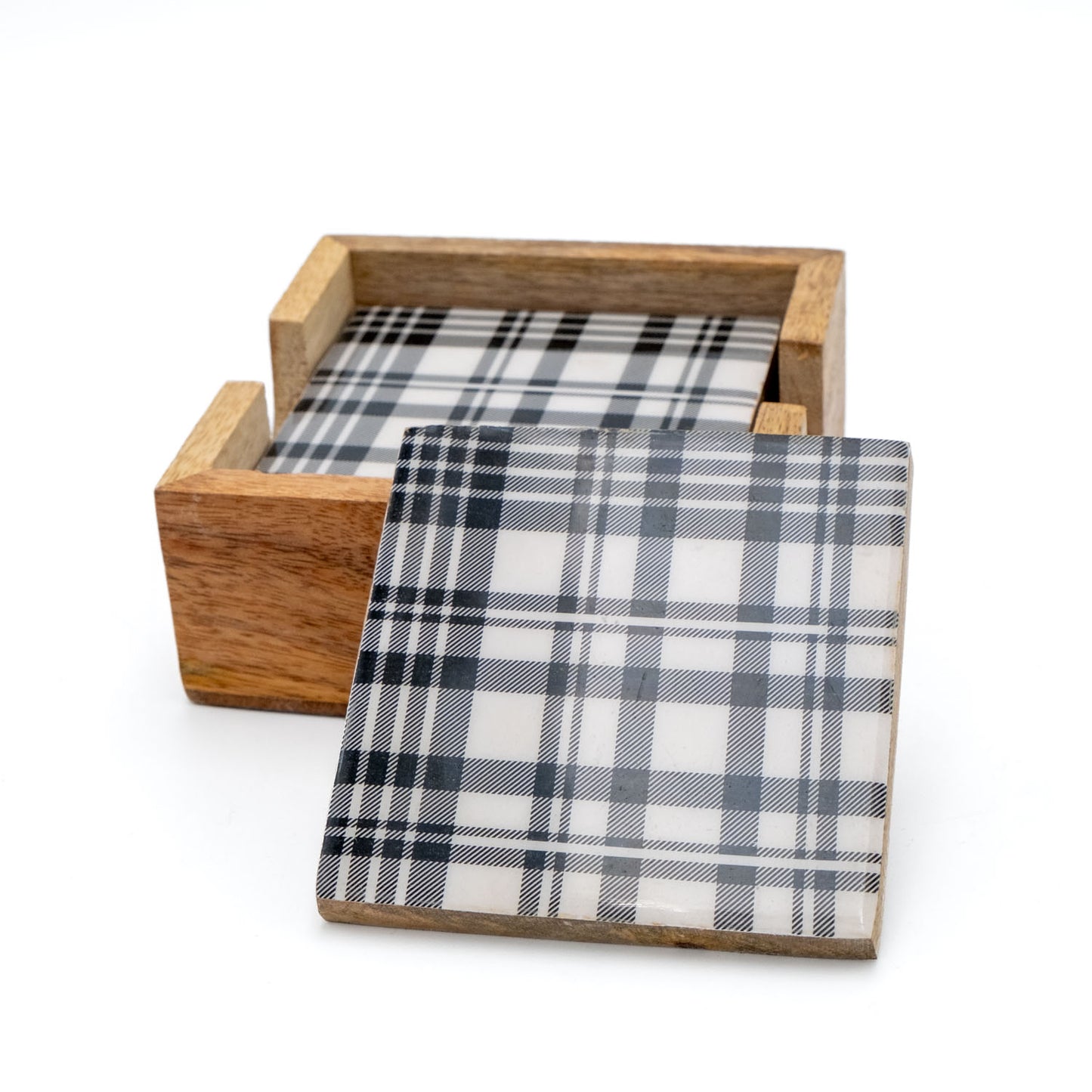 Untersetzer Set für 4 Gläser aus Mangoholz viereckig schwarz-weiß